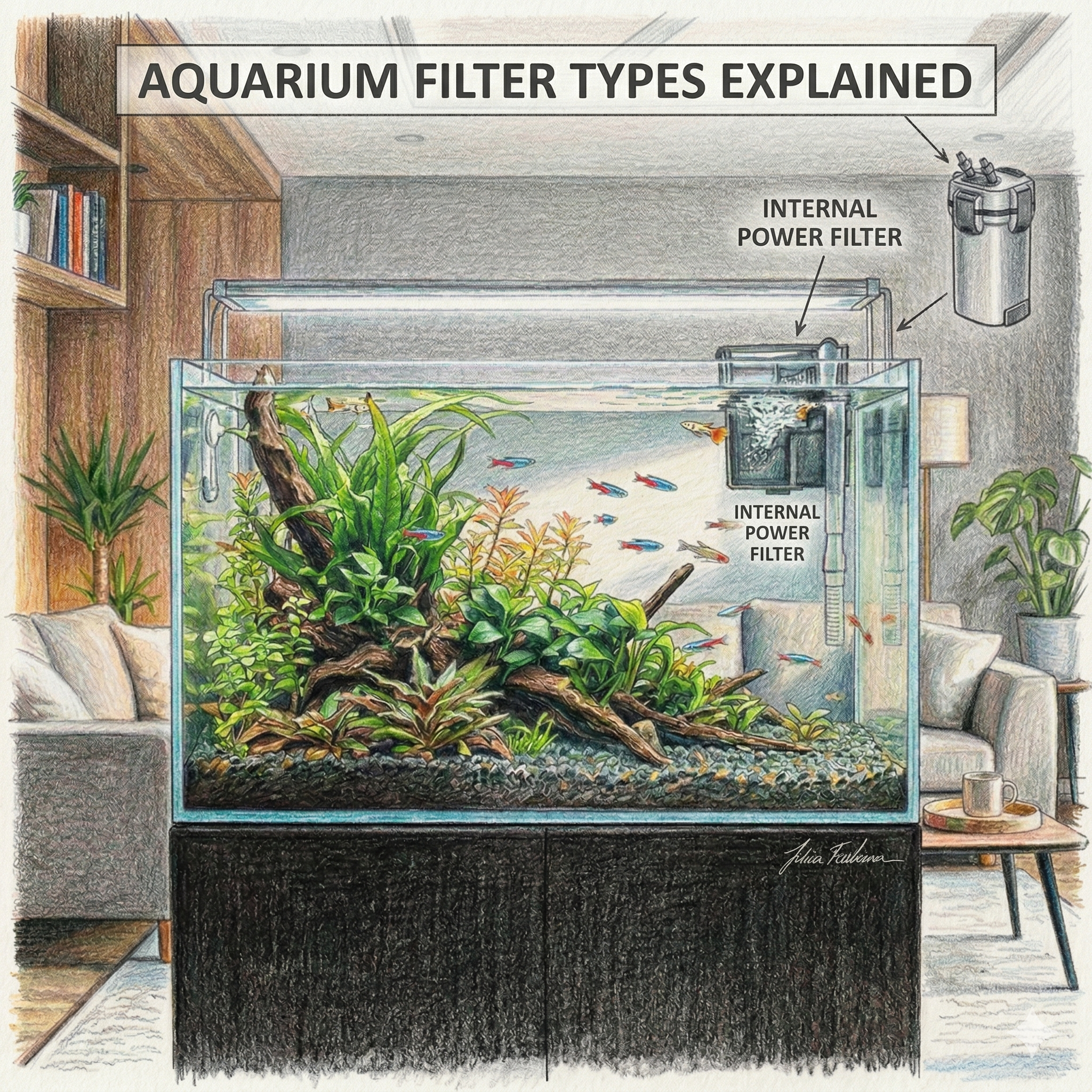 Illustration of a planted home aquarium in a living room labeled Aquarium Filter Types Explained