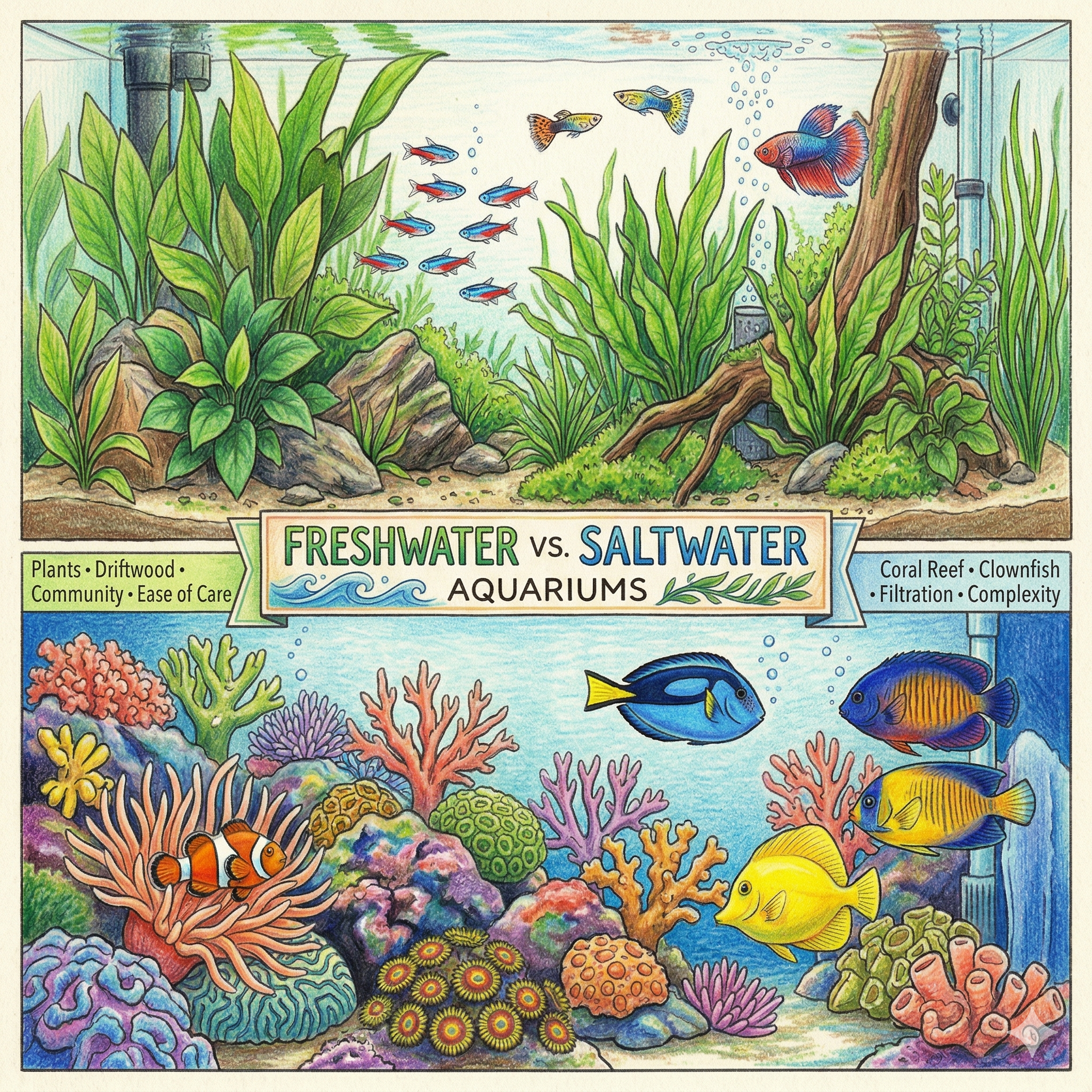Comparison-style illustrated freshwater and saltwater aquarium guide header image