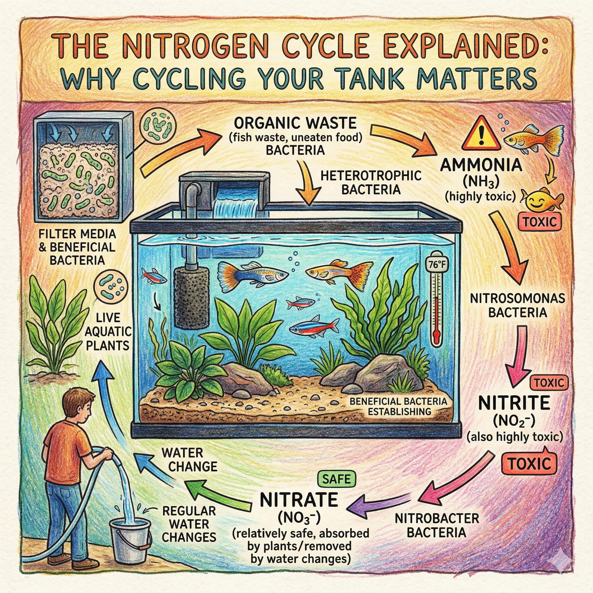 Illustrated aquarium nitrogen cycle diagram showing ammonia, nitrite, nitrate, beneficial bacteria, and water changes
