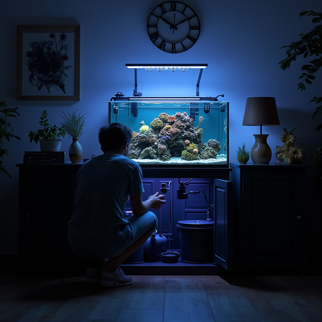 Reef keeper crouched at an open aquarium stand cabinet adjusting sump equipment