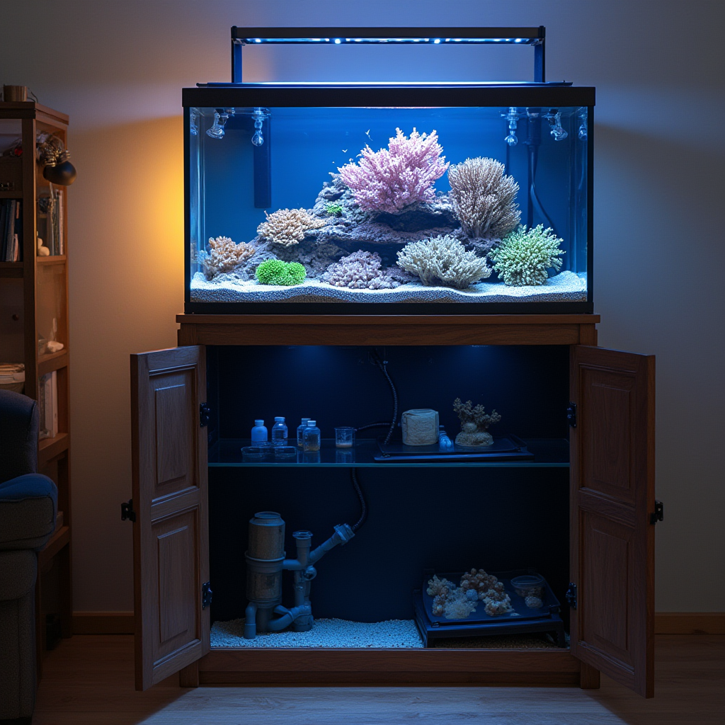 Aquarium stand cabinet open showing the sump and plumbing setup below a reef tank
