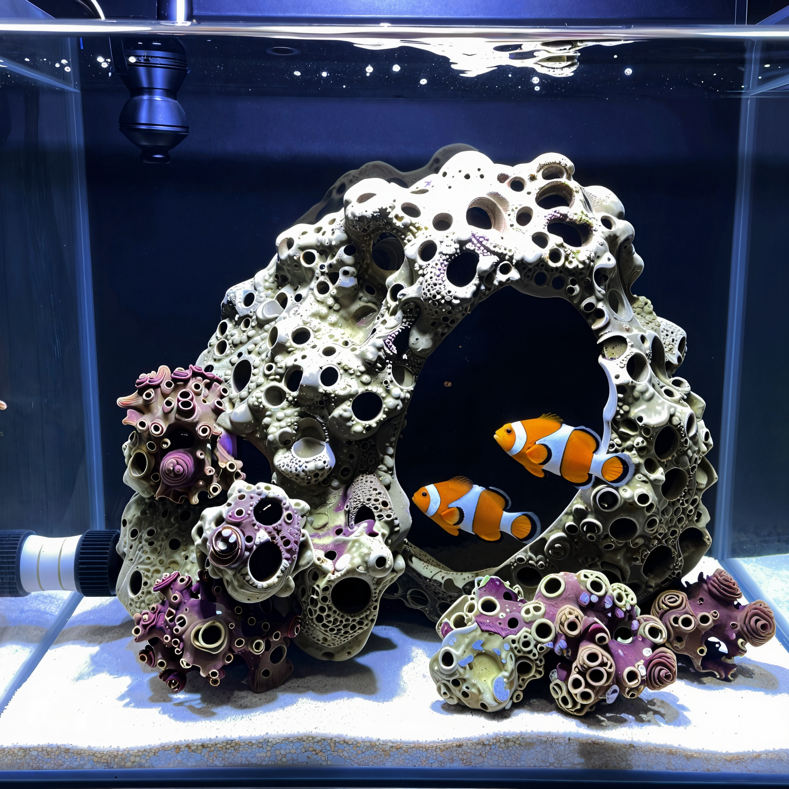 Small beginner saltwater nano tank with live rock, clownfish or damsels, and clean equipment setup