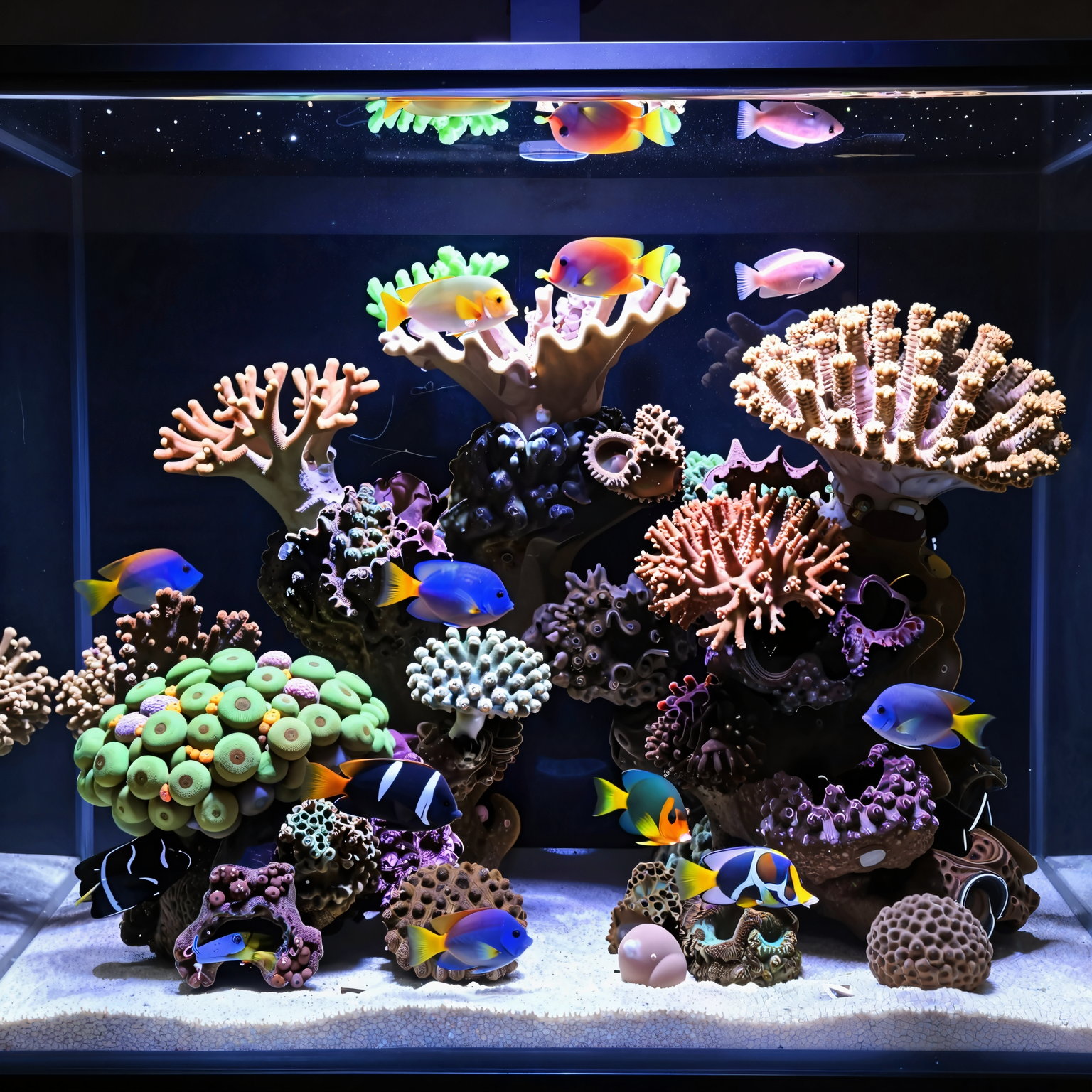 A well-maintained, medium-sized reef tank showing a mix of colorful but peaceful fish species (like damselfish and anthias) swimming calmly near healthy coral structures.