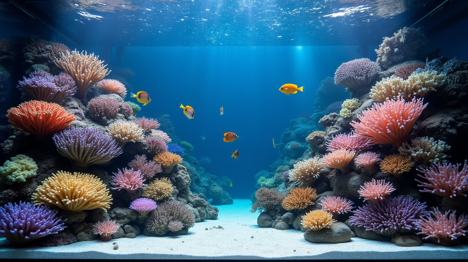 A wide establishing shot of a large, mature reef tank with vibrant SPS corals and healthy mixed fish (e.g., tangs or butterflyfish) swimming in clear water.