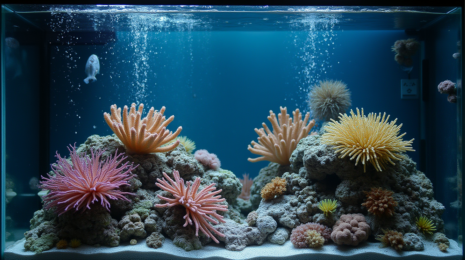A wide establishing shot of a small reef tank looking clean and stable, with visible currents gently moving corals across the rockwork.