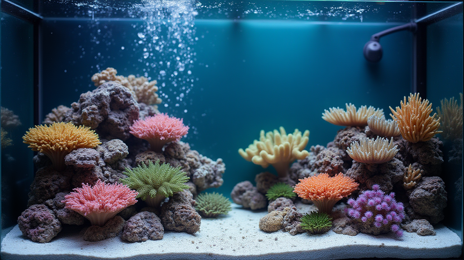 A mid-shot of a small, well-established reef tank showing diverse coral life and moderate water movement near the surface flow outlet.