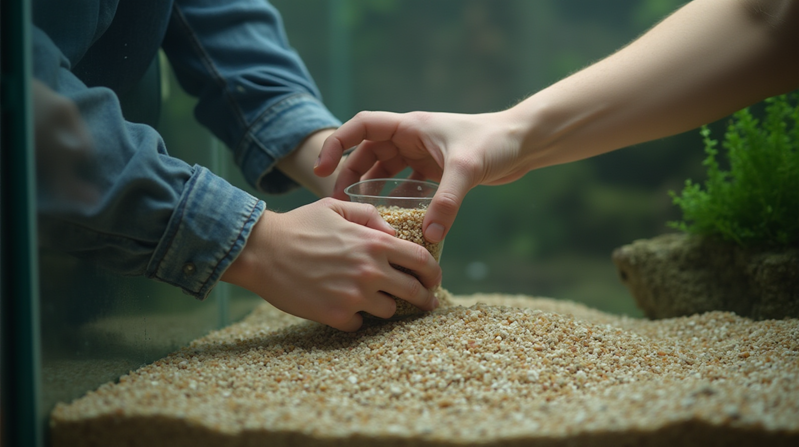 A pair of hands carefully measuring the depth and volume of gravel or sand using a simple cup against the glass side of an aquarium.