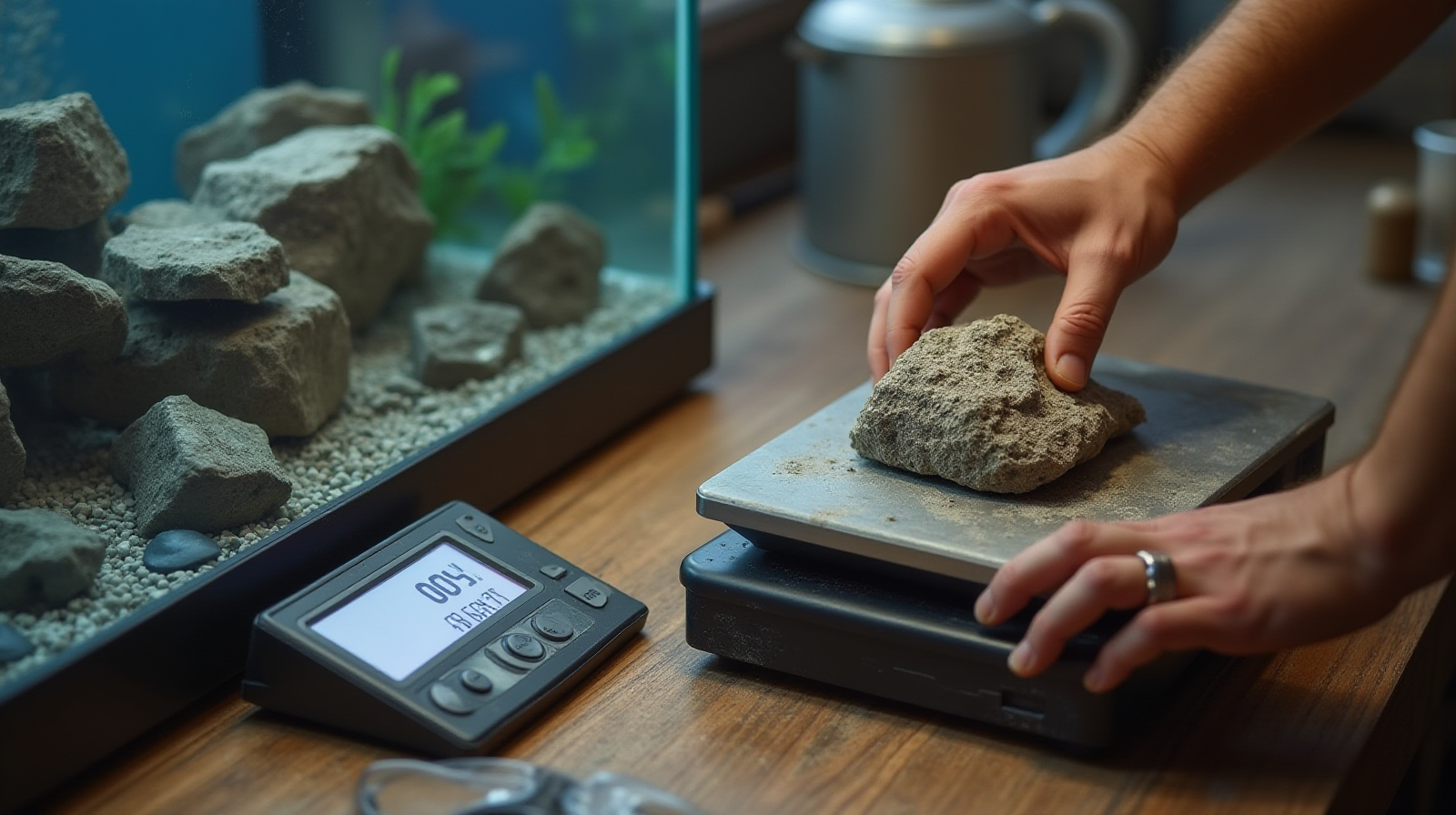 A close-up shot showing someone using a digital scale to weigh bags of cured live rock on a workbench next to a tank setup.