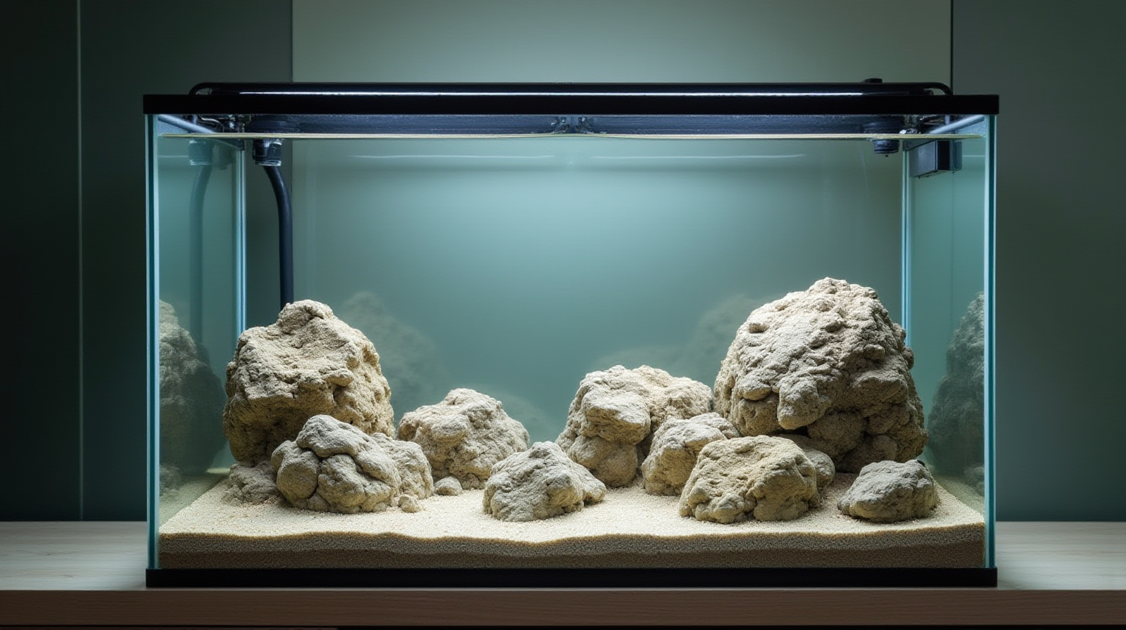A wide, slightly elevated view showing a fully stocked but still empty-looking glass aquarium setup with clean substrate and large pieces of live rock waiting to be placed in it.
