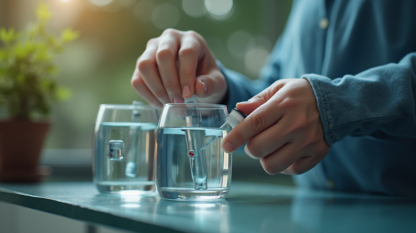 A pair of hands using a liquid test kit to sample water from an aquarium glass, showing accurate results.