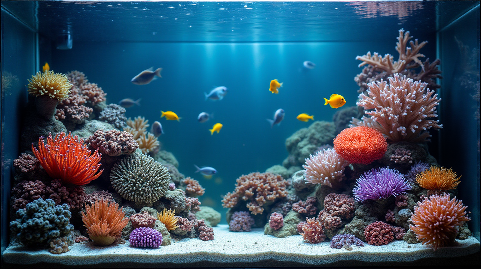 A wide establishing shot of a healthy, well-lit 20-gallon saltwater reef tank featuring mixed hard and soft corals and various small, colorful fish swimming actively in the midground.