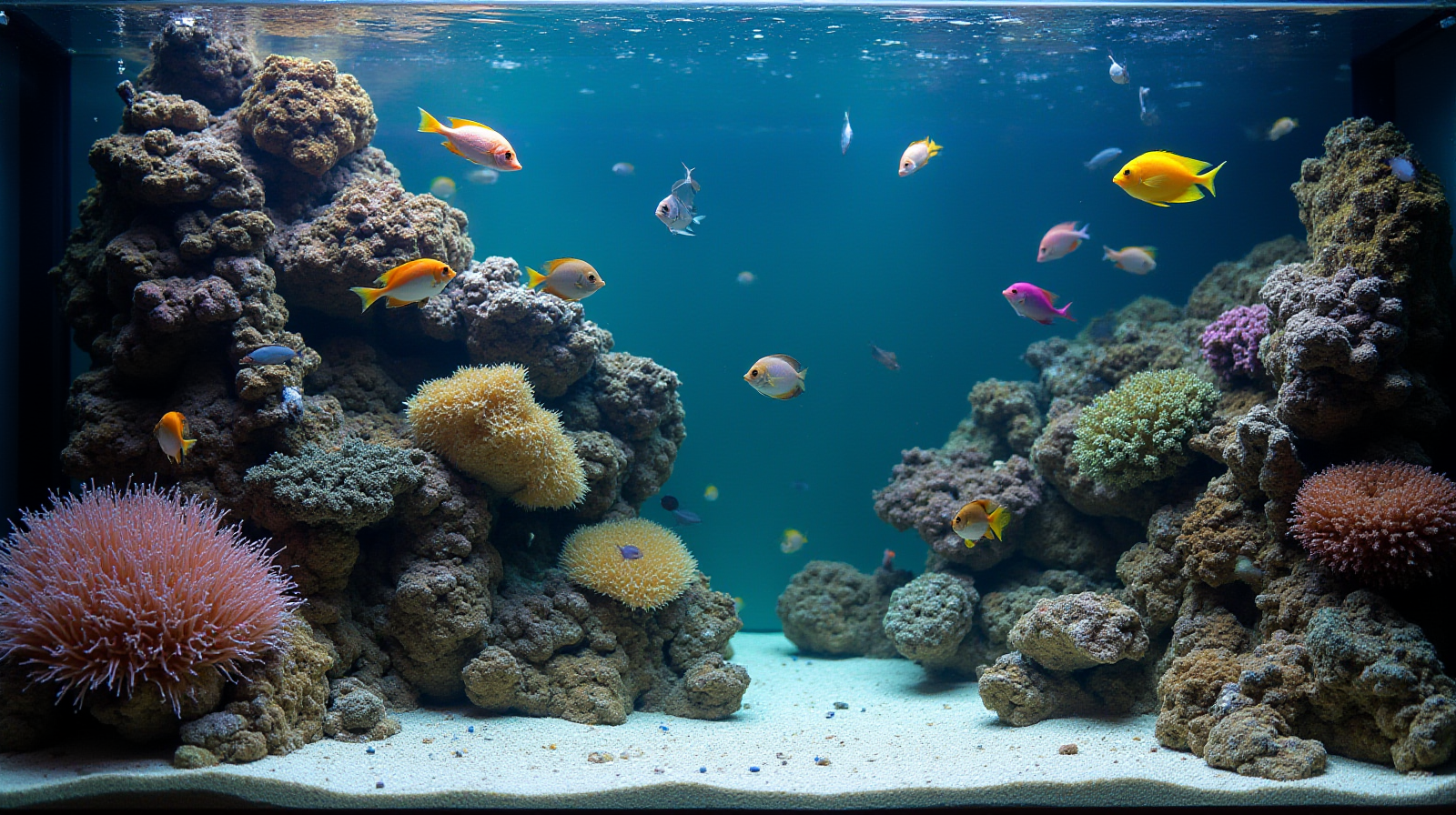 A mid-sized, well-established reef tank with a variety of colorful fish (like wrasses and blennies) actively swimming among rockwork and soft coral branches.