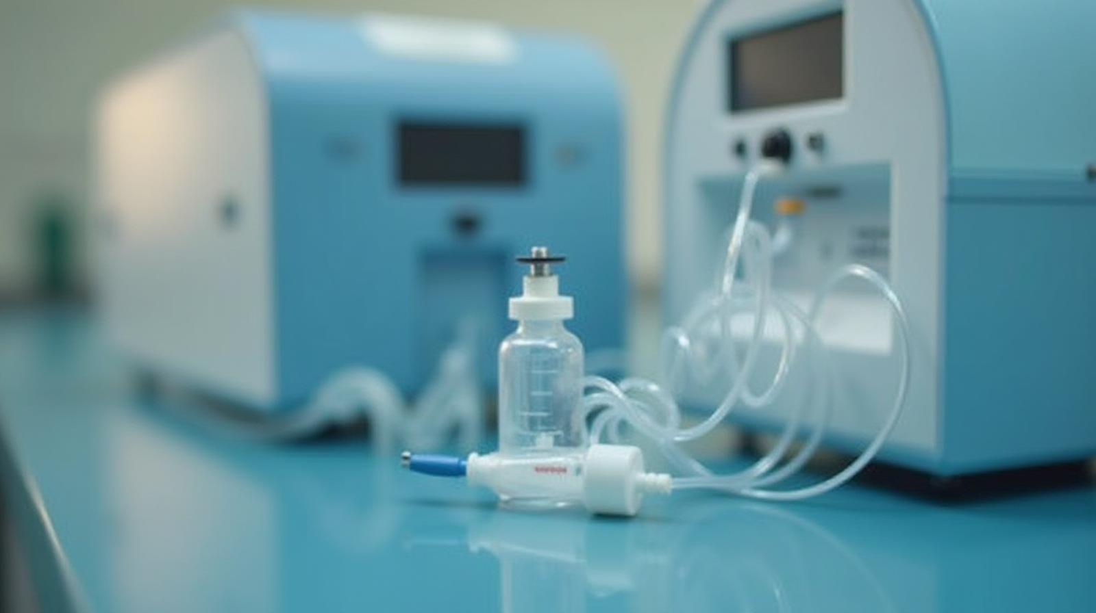A close-up of specialized dosing equipment (like a small peristaltic pump) set up next to a filtration unit in the background.