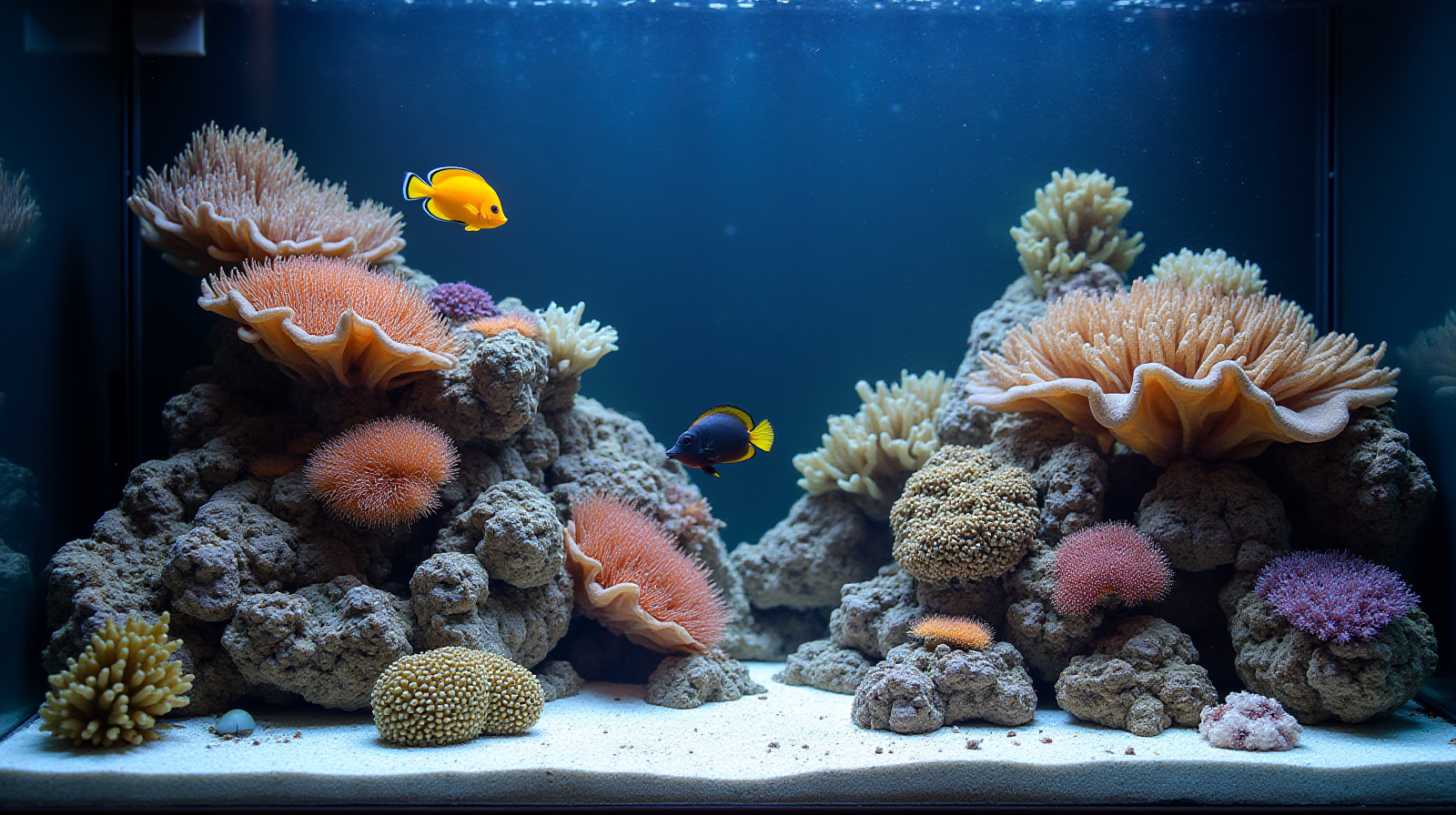 A medium shot of a 75-gallon reef tank showing diverse, healthy corals and a couple of small tangs swimming naturally among the rockwork.