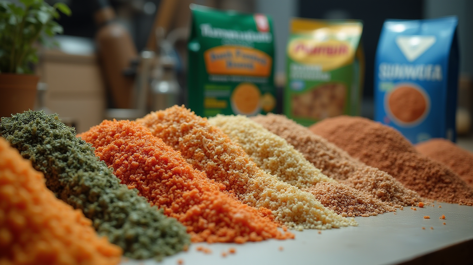 A close-up shot featuring several different types of commercial fish flakes and pellets arranged neatly on a clean workbench surface next to some bagged food brands.