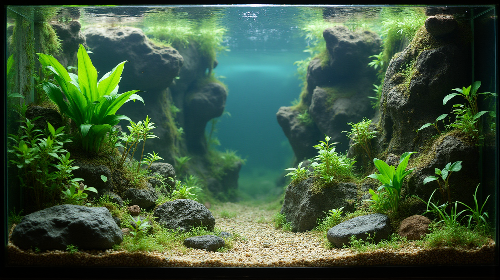 An establishing wide shot showing the entire view into an active aquarium setup, highlighting both plants and rockwork in good condition.