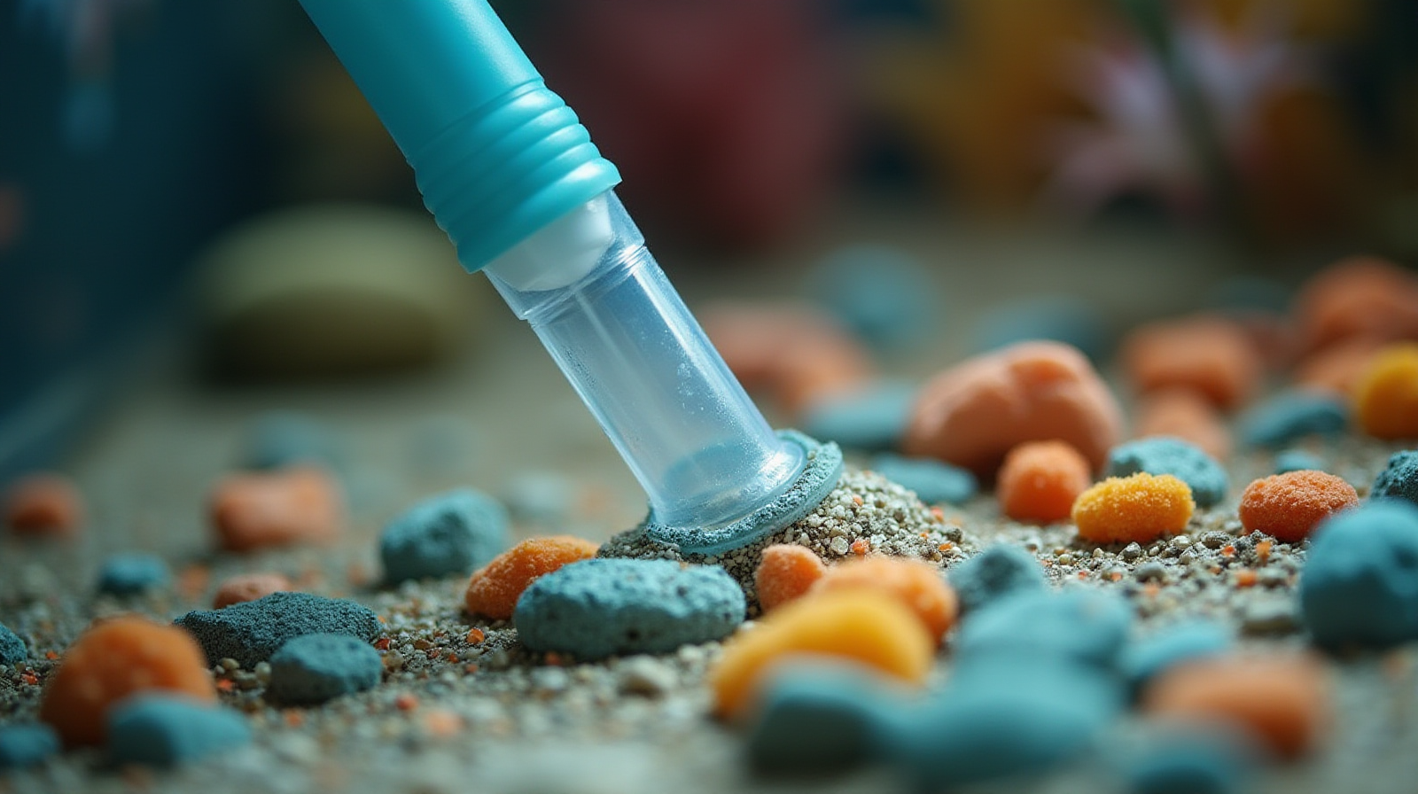 A close up shot showing the clear plastic tip of an aquarium siphon being used to vacuum debris from the substrate near some colorful rubble.