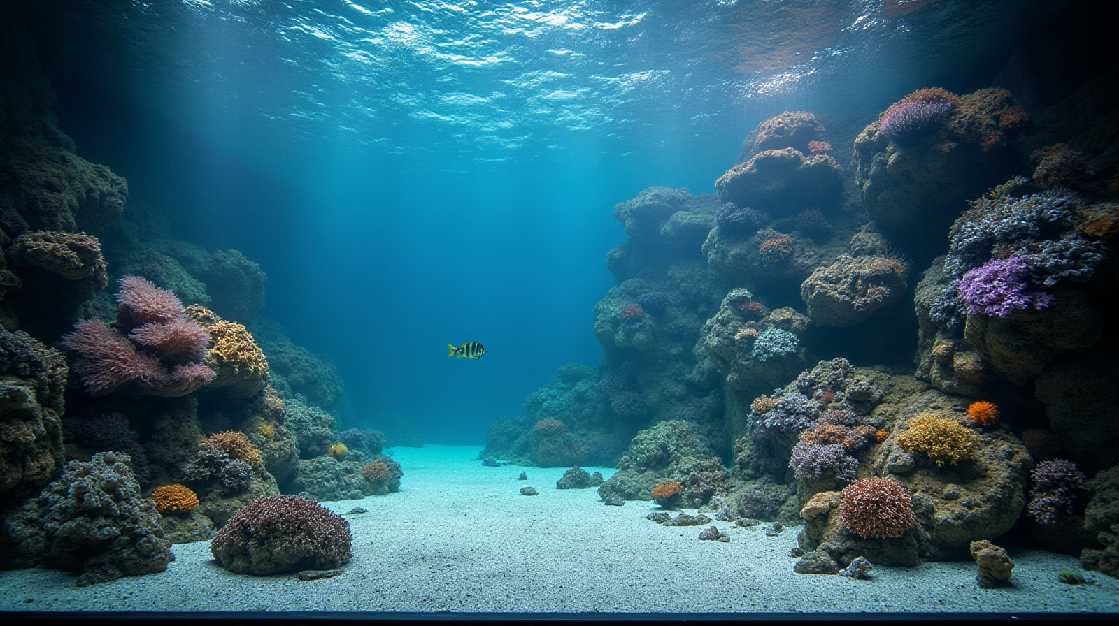 A wide angle view across a large saltwater tank showcasing varied rockwork and coral growth under natural lighting conditions.