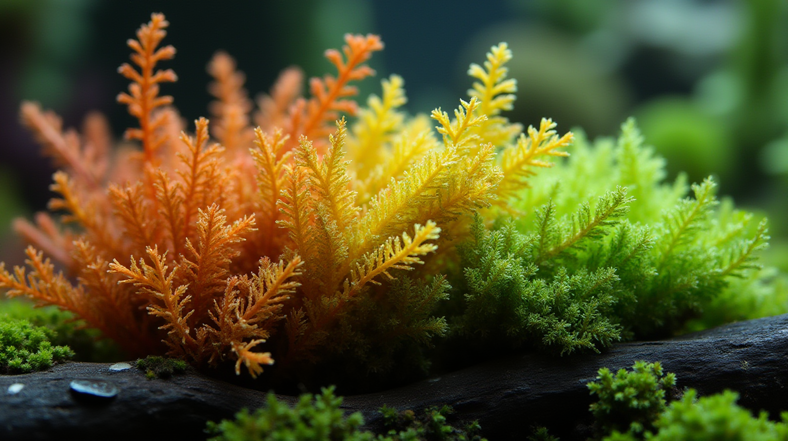 A close-up of several brightly colored types of healthy aquarium moss species (e.g., Christmas and Flame) clumped together on a piece of driftwood.