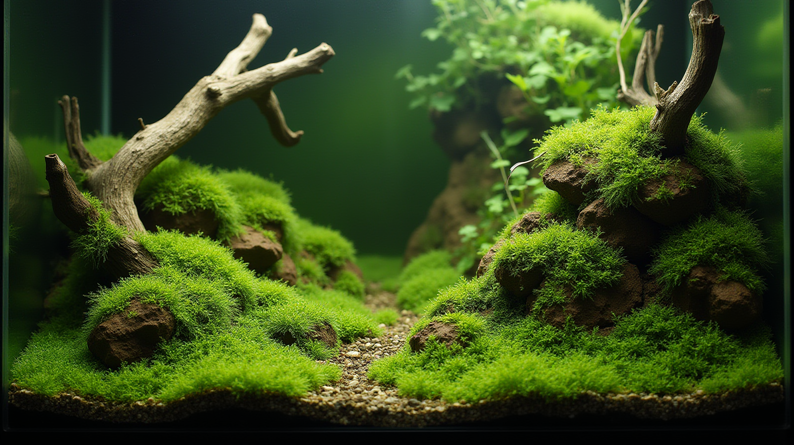 A mid-shot of a small, established freshwater aquascape showing various types of vibrant green moss attached to driftwood and rockwork.