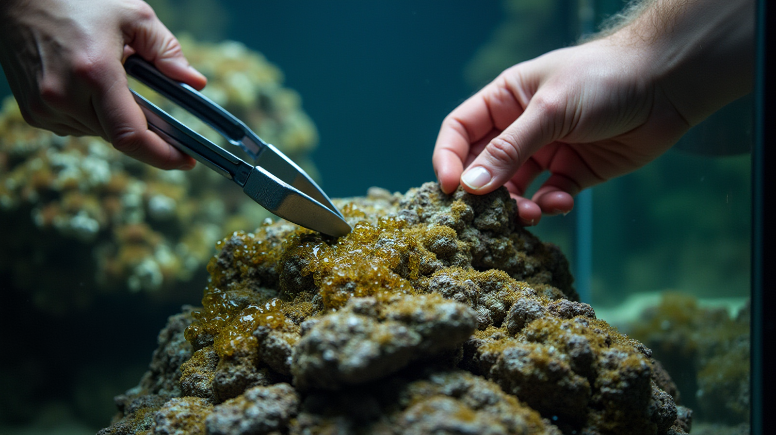 A pair of hands carefully using aquarium tongs to gently move out algae growth from the surface of live rock in a reef tank.