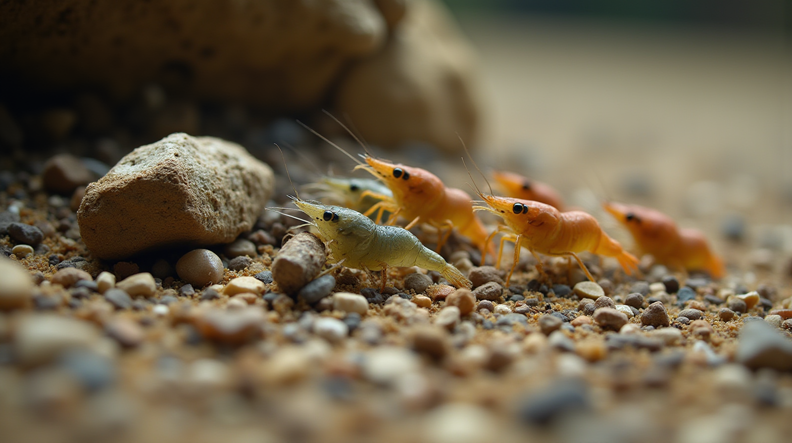 A close-up view across the gravel substrate showing several small pistol shrimp partially buried near some desirable detritus or rubble.