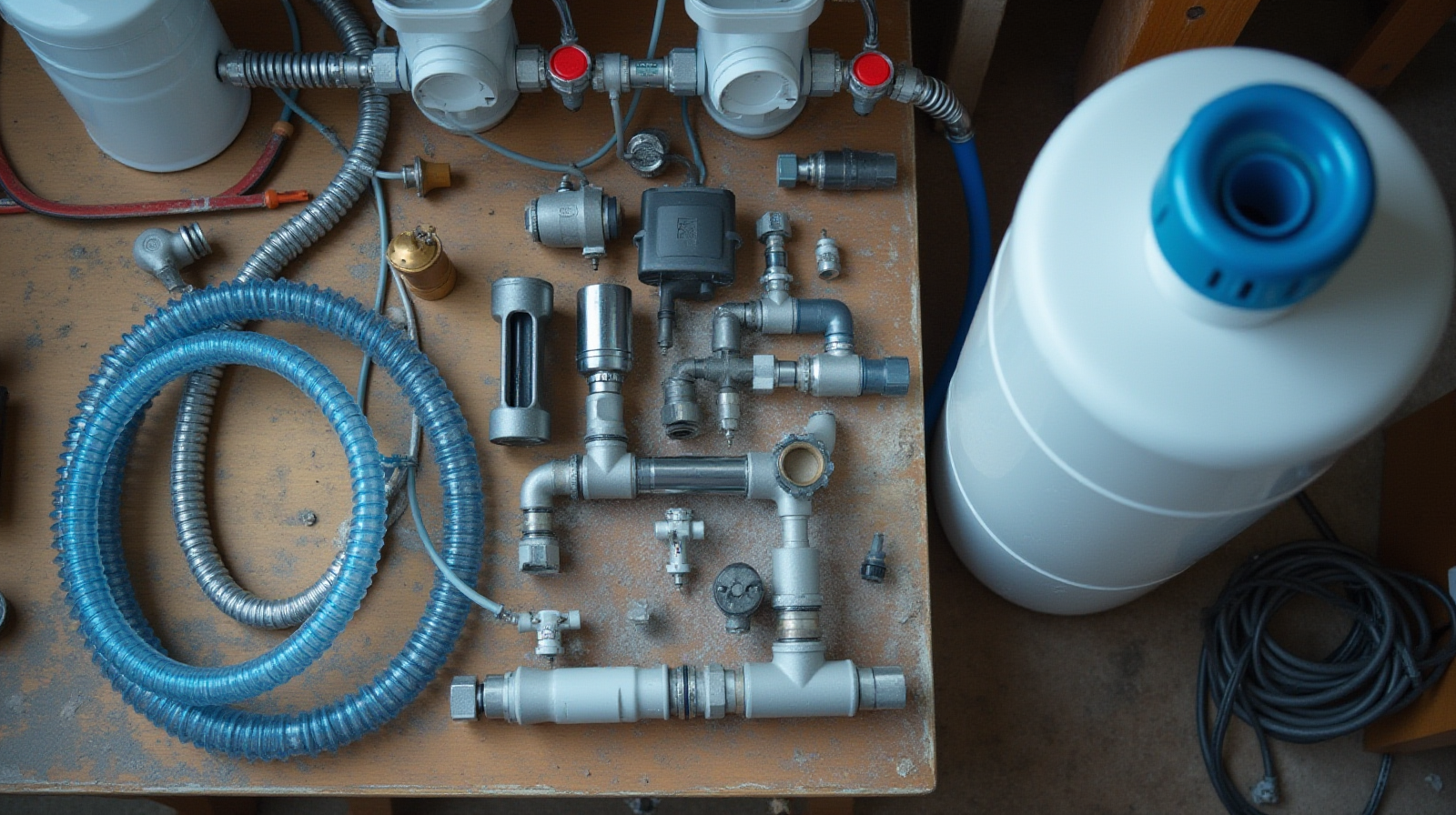 An overhead shot showing various plumbing components—hoses, return lines, and drain pipes—laid out neatly on a workbench next to an RO/DI unit.
