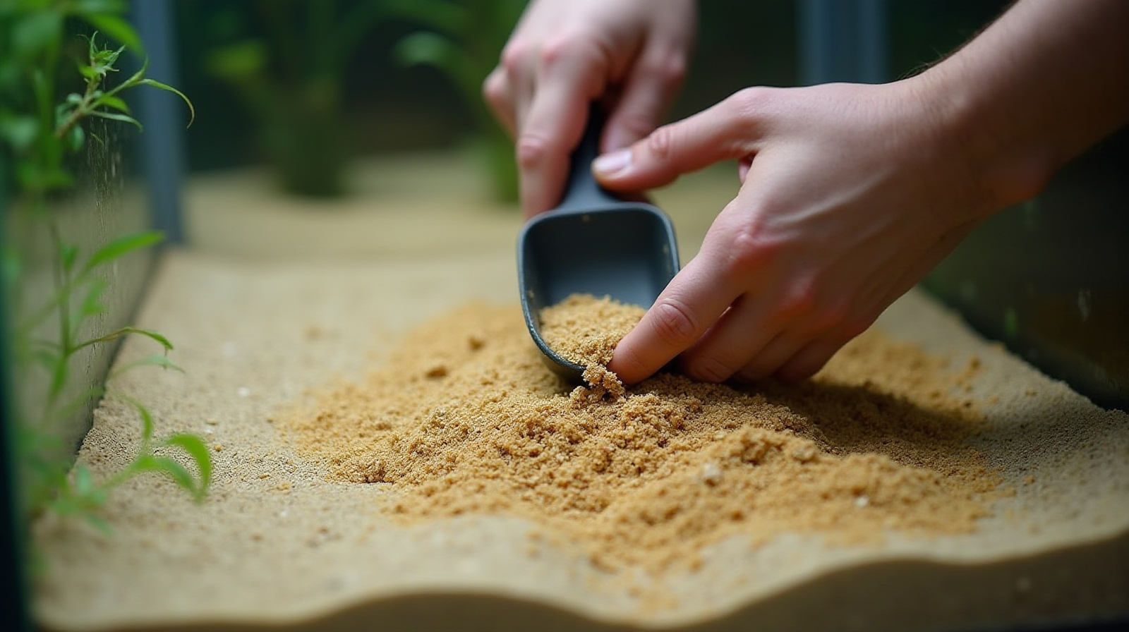 Close up shot of hands using a small scoop or sifter to carefully layer different types of sand substrate in an aquarium bottom.