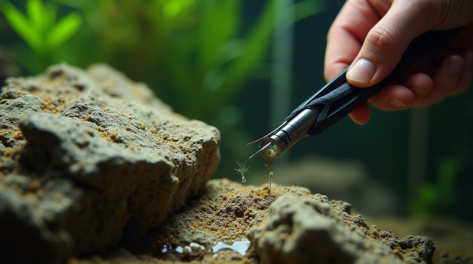 A pair of aquarium tweezers or small hand tool being used to gently move detritus or clean sediment from between two structural rocks in a tank.
