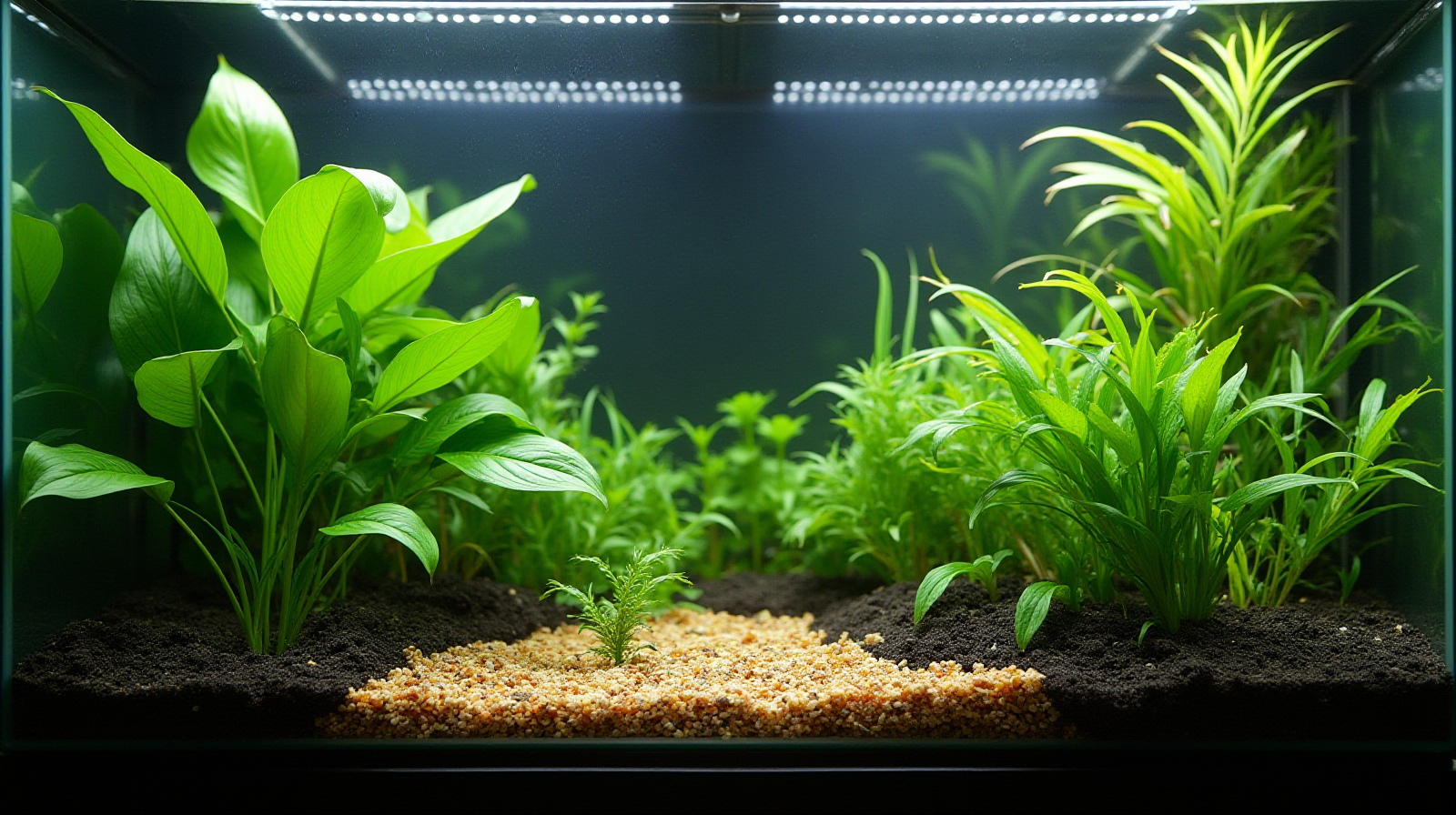 A wide establishing shot of a mid-sized (20 gallon) freshwater tank featuring several types of plants anchored into different colored substrates: some black/dark soil looking areas and some lighter river gravel areas visible.