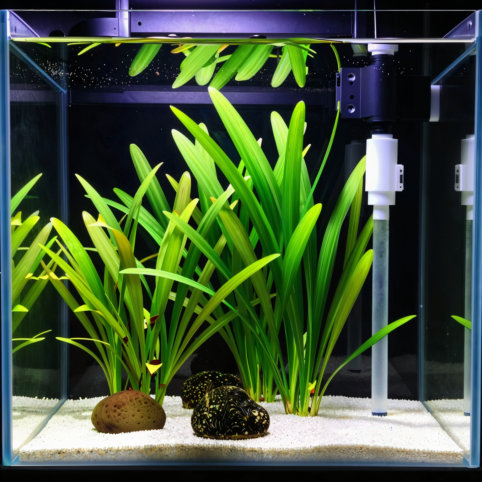 A well-lit, mature freshwater aquarium showing vibrant stem plants and an established CO2 diffuser system operating quietly in the background.