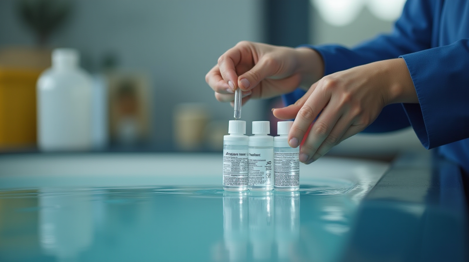 Close-up view of hands using a reagent test kit to check water parameters near the surface of the tank.