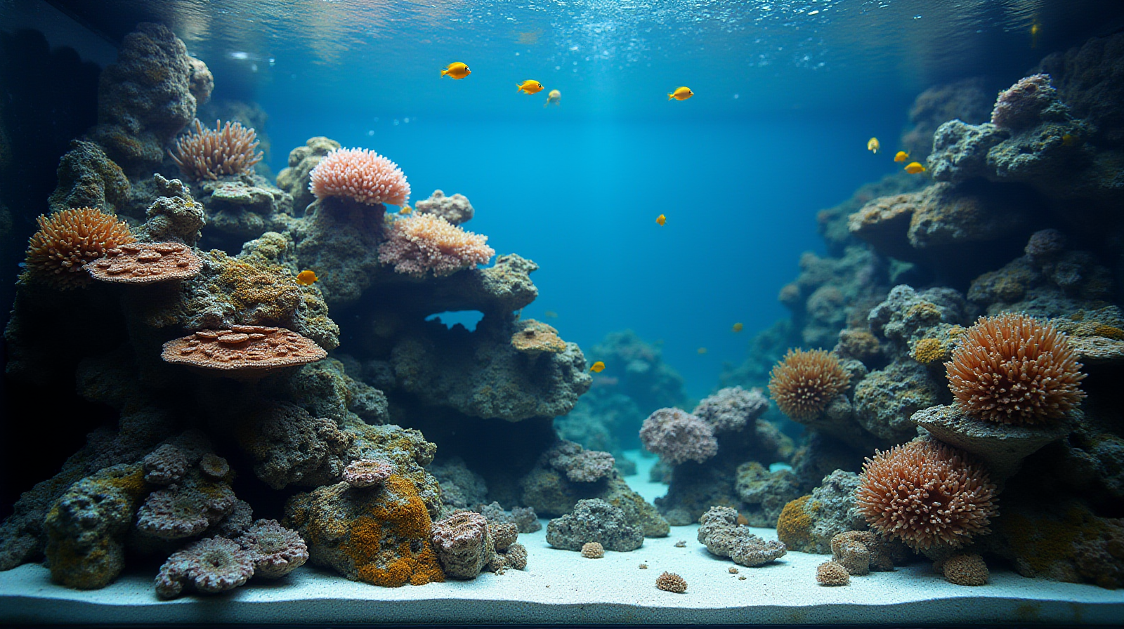 A wide, well-lit view of an intermediate saltwater reef tank showing a healthy mix of live rock and various corals with several small fish (like damselfish or blennies) swimming prominently near the foreground structure.