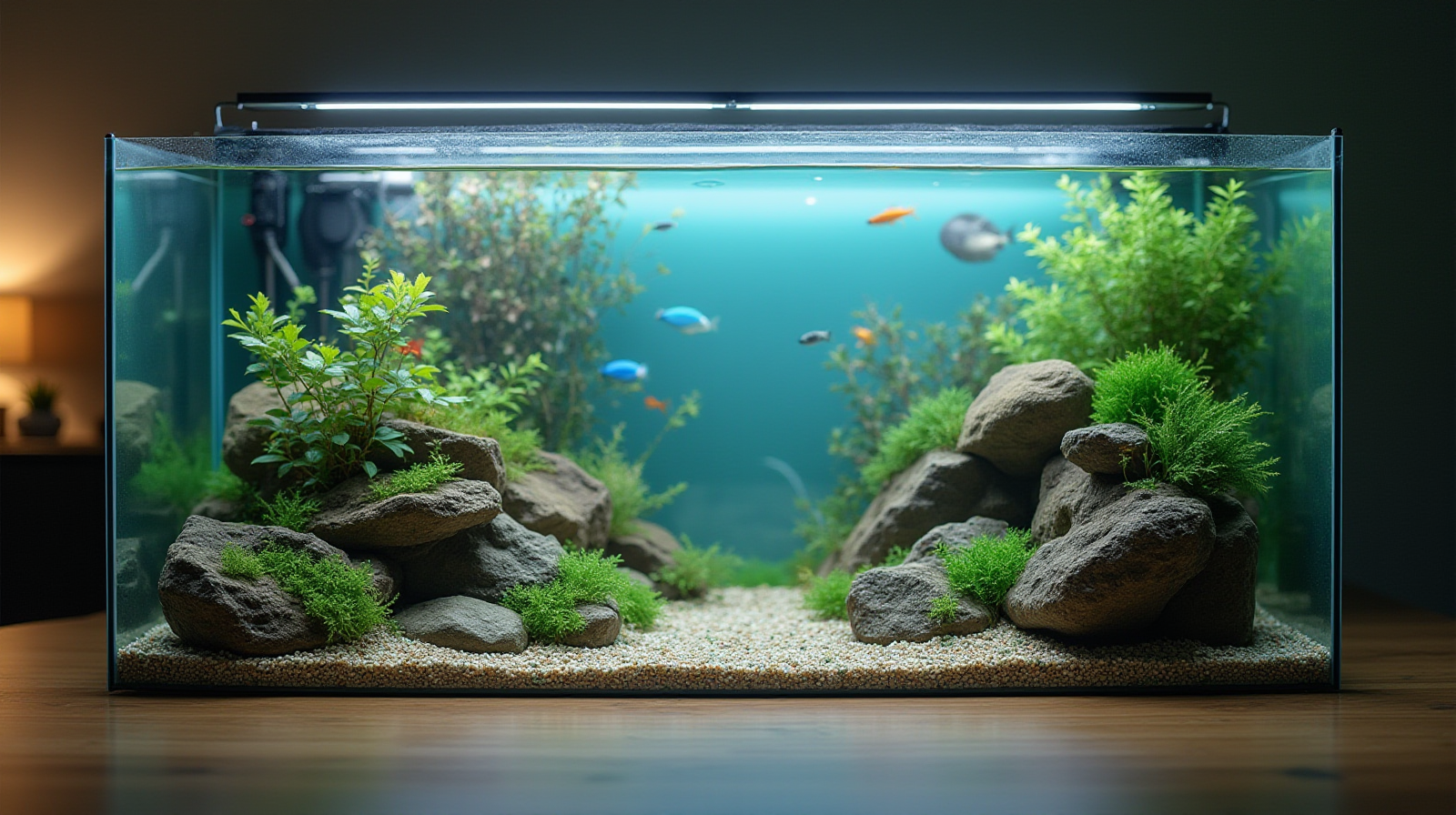 A wide establishing shot showing a small office aquarium setup with some visible background equipment like filtration units and rockwork.