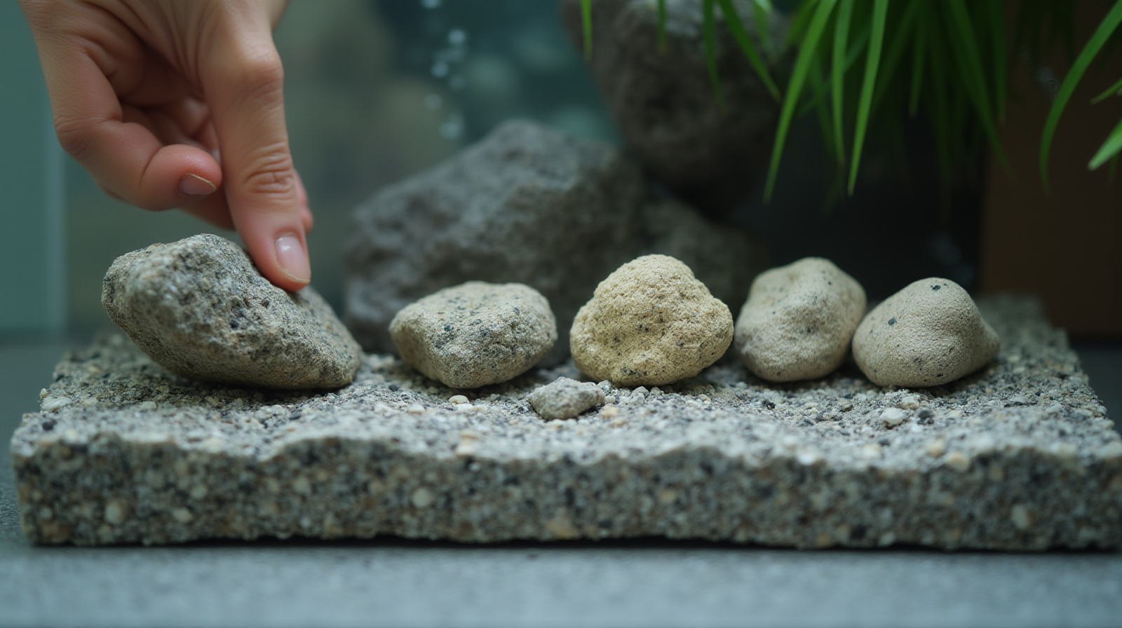 Close-up of several pieces of natural, textured live rock being placed carefully into an empty saltwater tank base for layout planning.