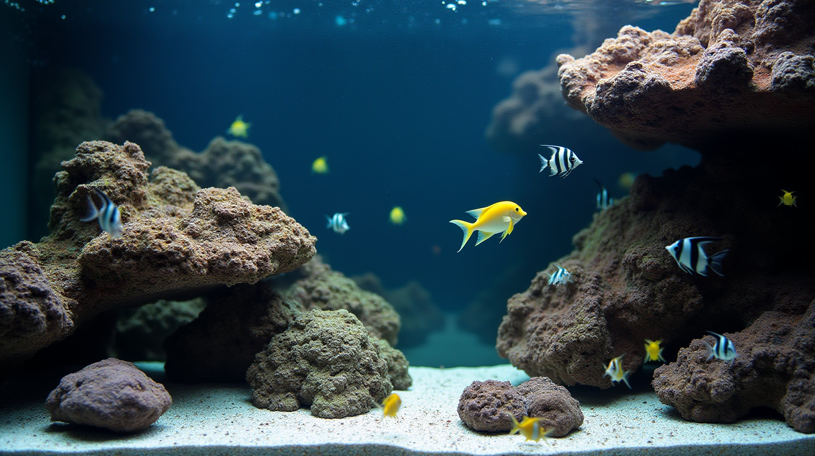 A medium shot of a 25-gallon reef aquarium with varied live rockwork, showing several small, brightly colored fish swimming naturally near some darker overhangs.