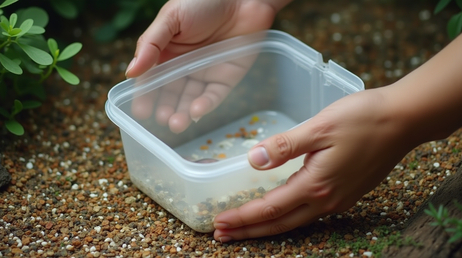 A pair of hands holding an empty but clean small plastic tub suitable for temporary fry housing next to some aquarium gravel.