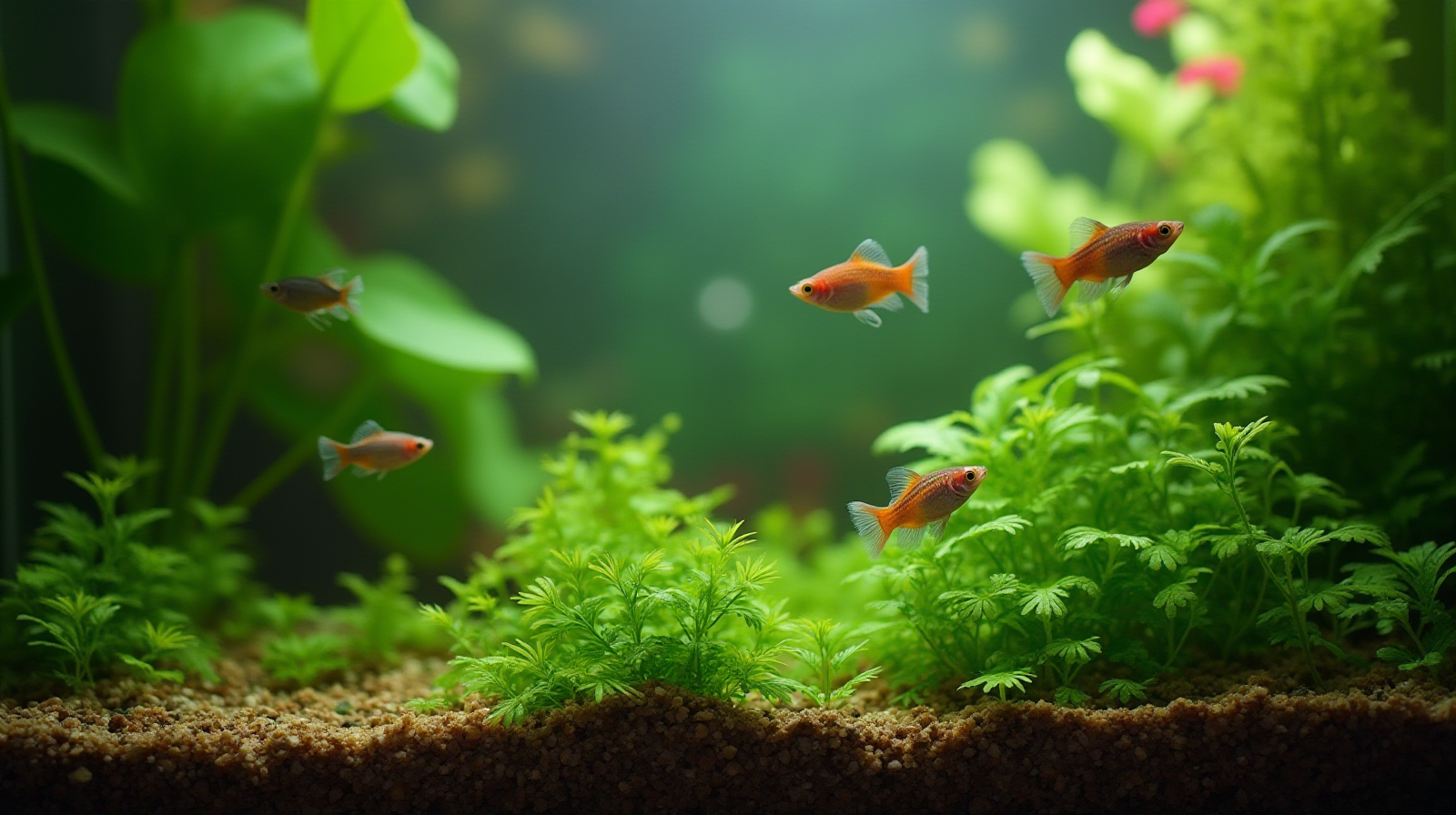 A medium shot of a well-planted, established 15-gallon freshwater tank with several brightly colored guppies swimming near the surface among lush foreground plants.