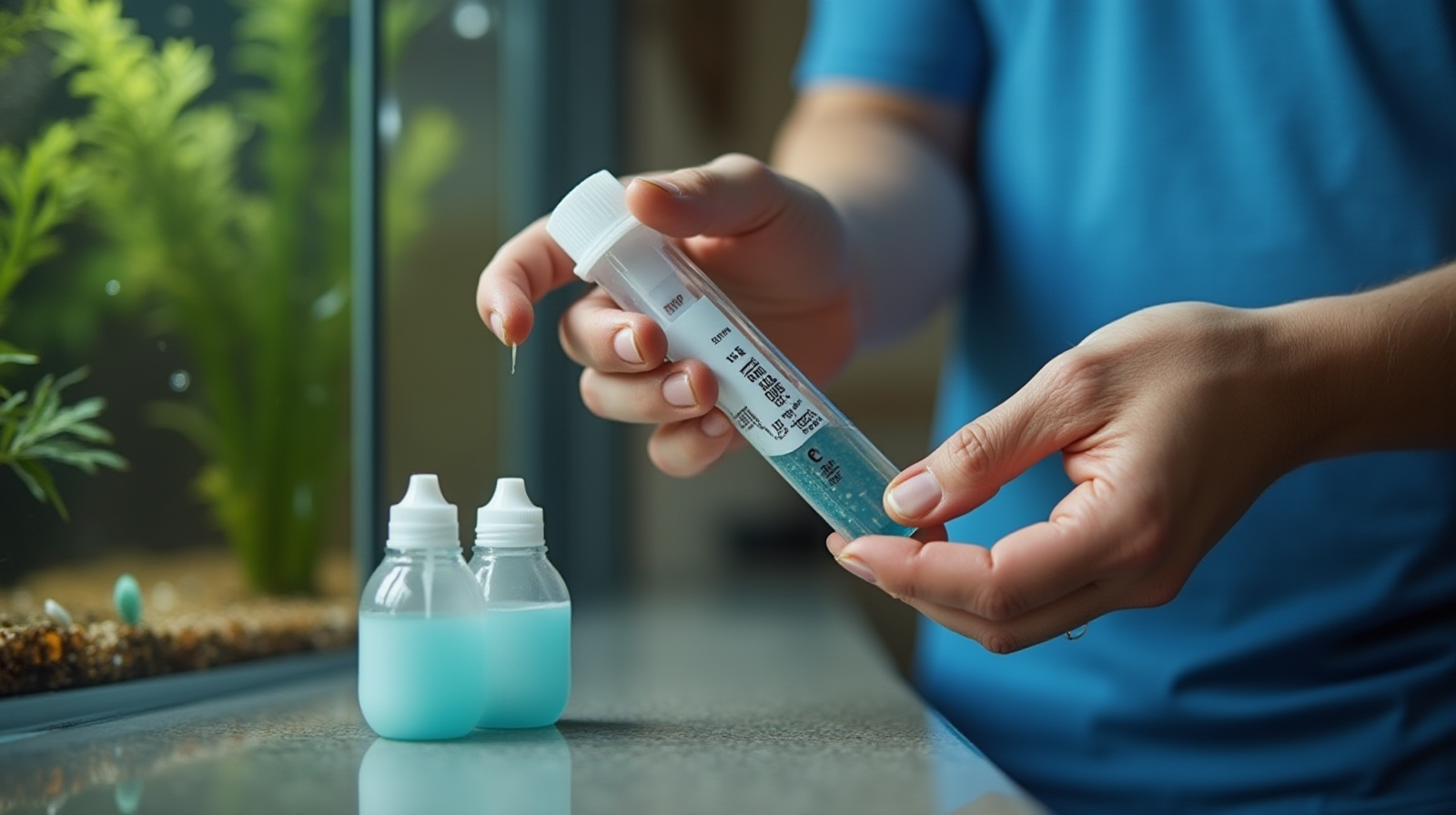 Hands using a liquid test kit to sample water from an aquarium, with clear labels visible on the equipment.